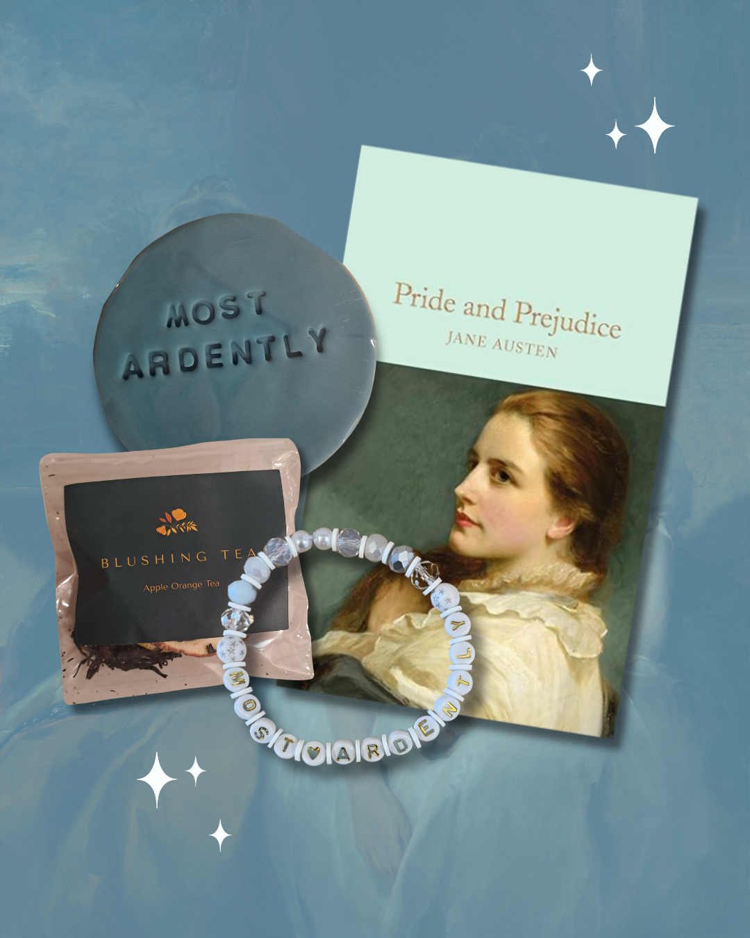 Pride and Prejudice Bundle showing the book, a cookie, a tea and a white bracelet.