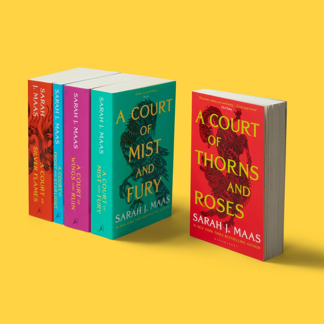 Books from the 'A Court of Thorns and Roses' series by Sarah J. Maas on a yellow background.