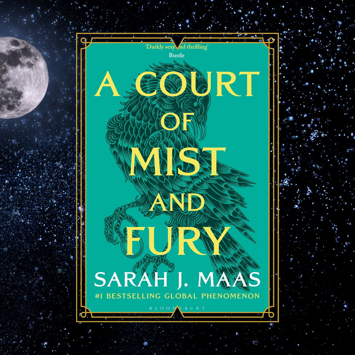 Book cover of 'A Court of Mist and Fury' with a bird holding a ring illustration against a starry night sky.