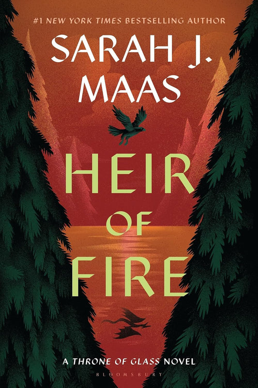 Book cover of 'Heir of Fire' by Sarah J. Maas with a red sky and trees.