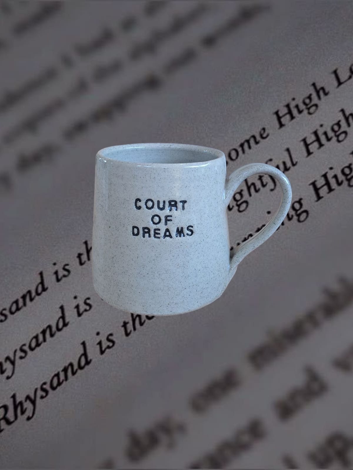 Court of Dreams Mug with indented text shown on an open book background.