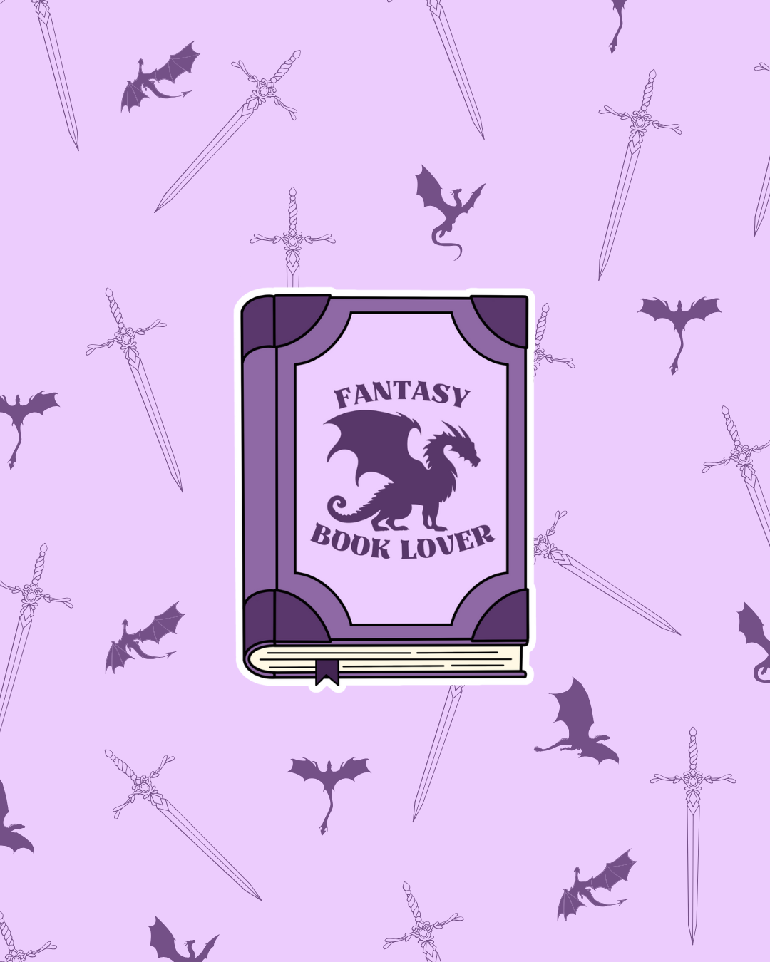 Purple book sticker with a dragon and text: Fantasy Book Lover. Shown on a purple background with dragons and swords.