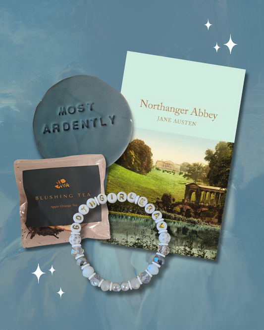 Northanger Abbey Bundle showing the book, a cookie, a tea and a white bracelet.