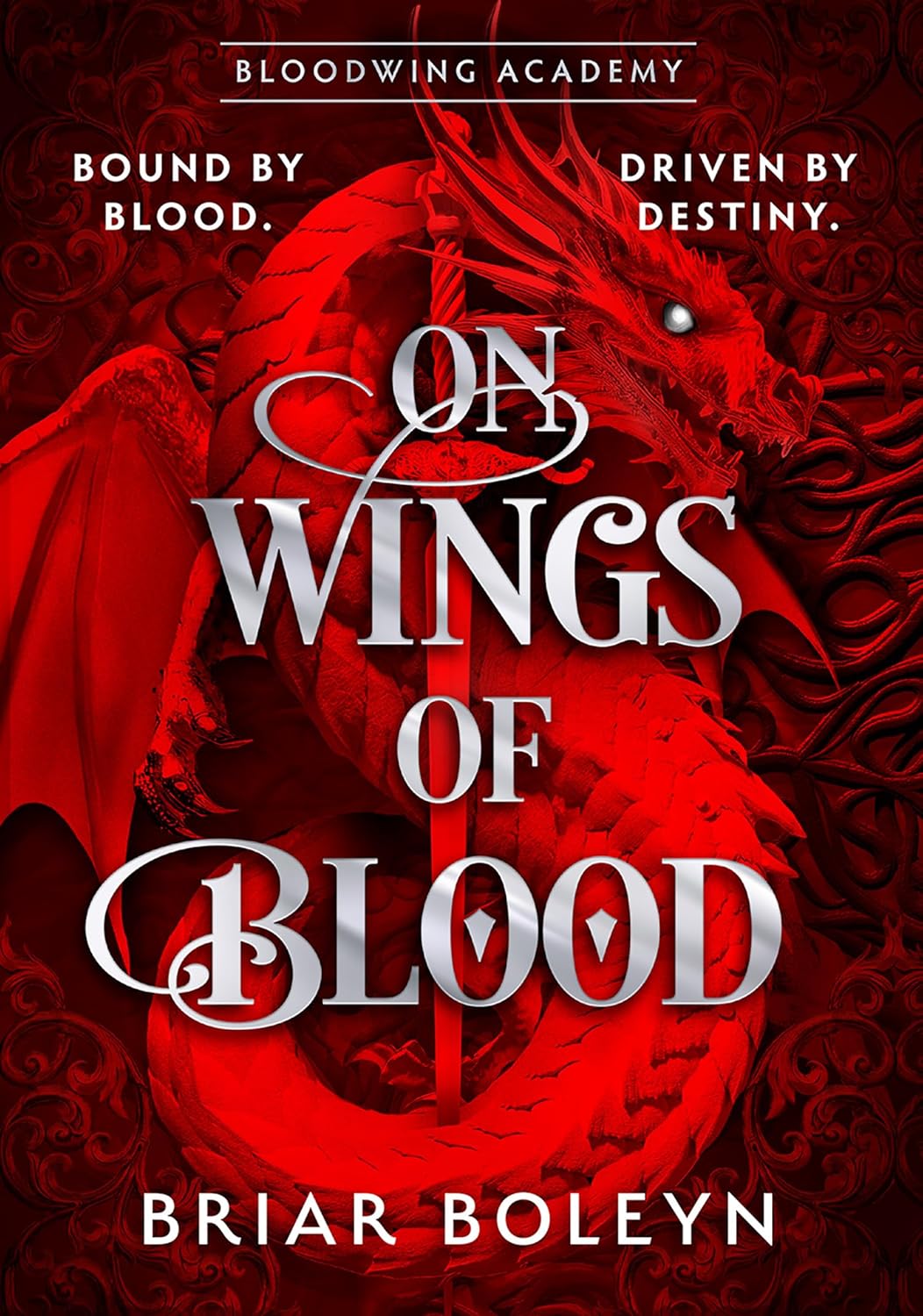 Book cover of 'On Wings of Blood' with a red dragon and dark background