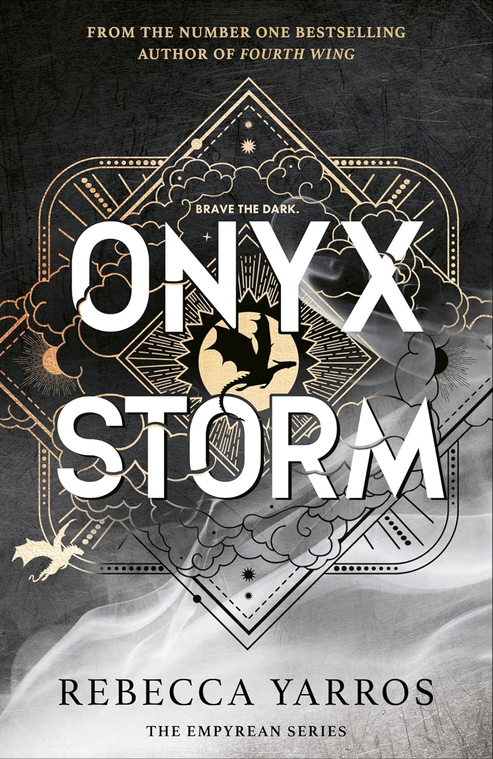 Book cover of 'Onyx Storm' by Rebecca Yarros with decorative text and symbols.
