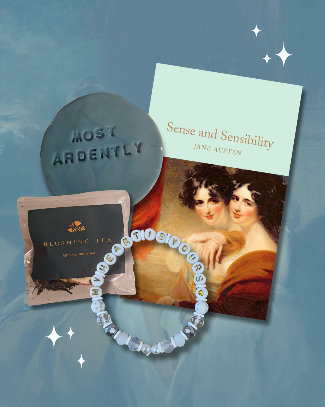 Sense and Sensibility Bundle showing the book, a cookie, a tea and a white bracelet.