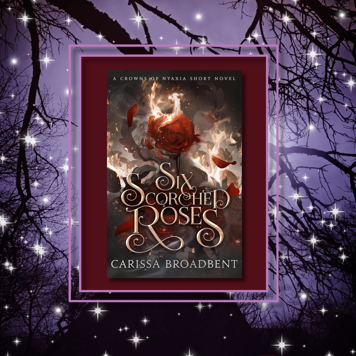 Six_scorched_roses book cover on a creepy night background