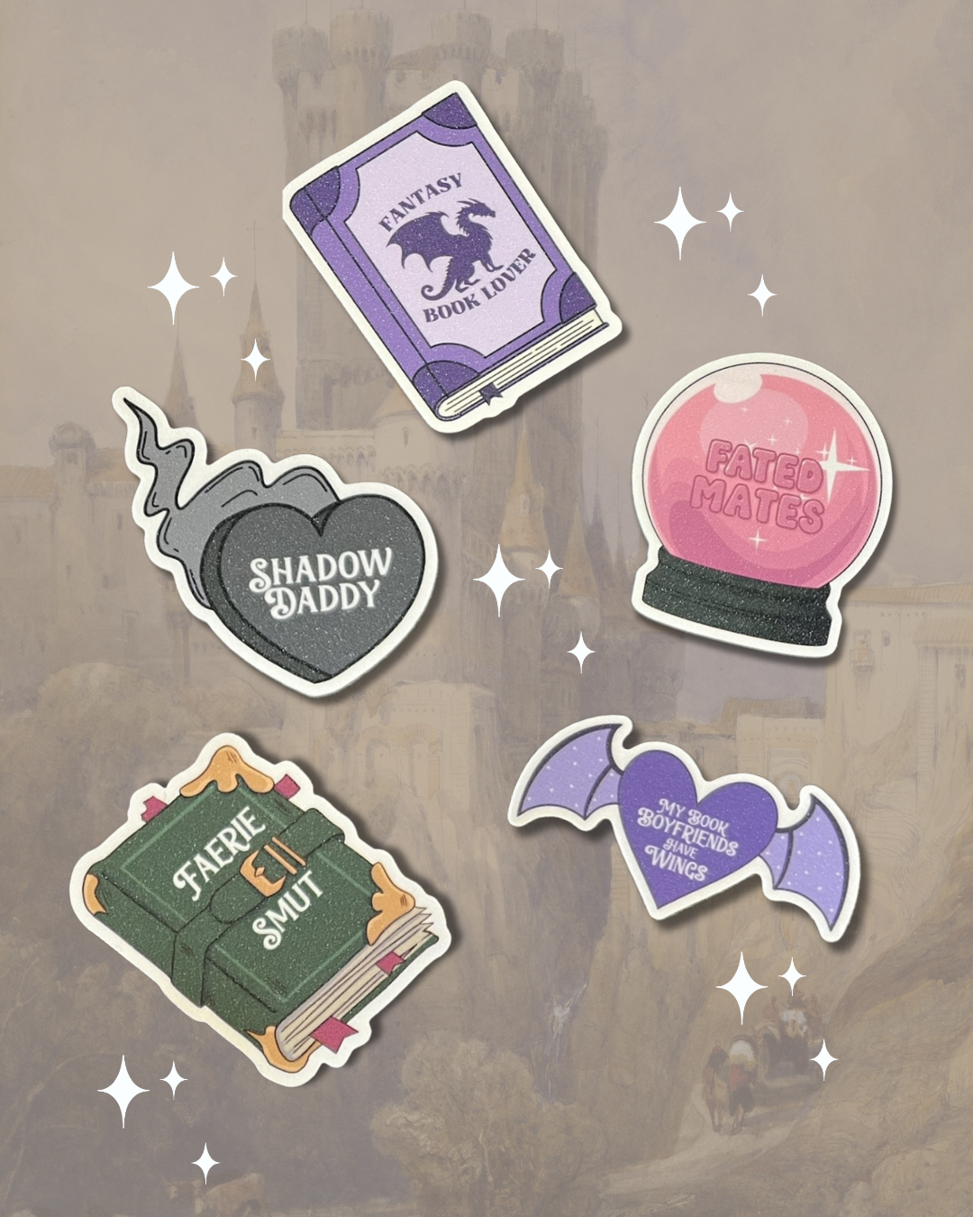 5 fantasy stickers - Fantasy book lover, fated mates, shadow daddy, faerie smut and my book boyfriends have wings.