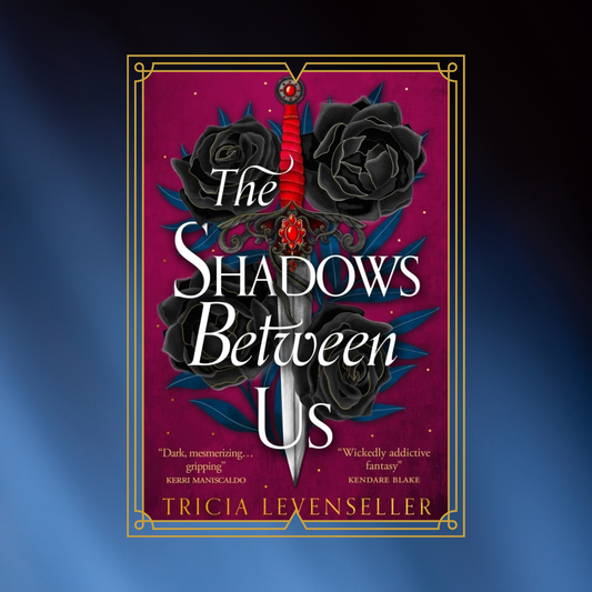 Book cover of 'The Shadows Between Us' with black roses and a sword on a purple background.
