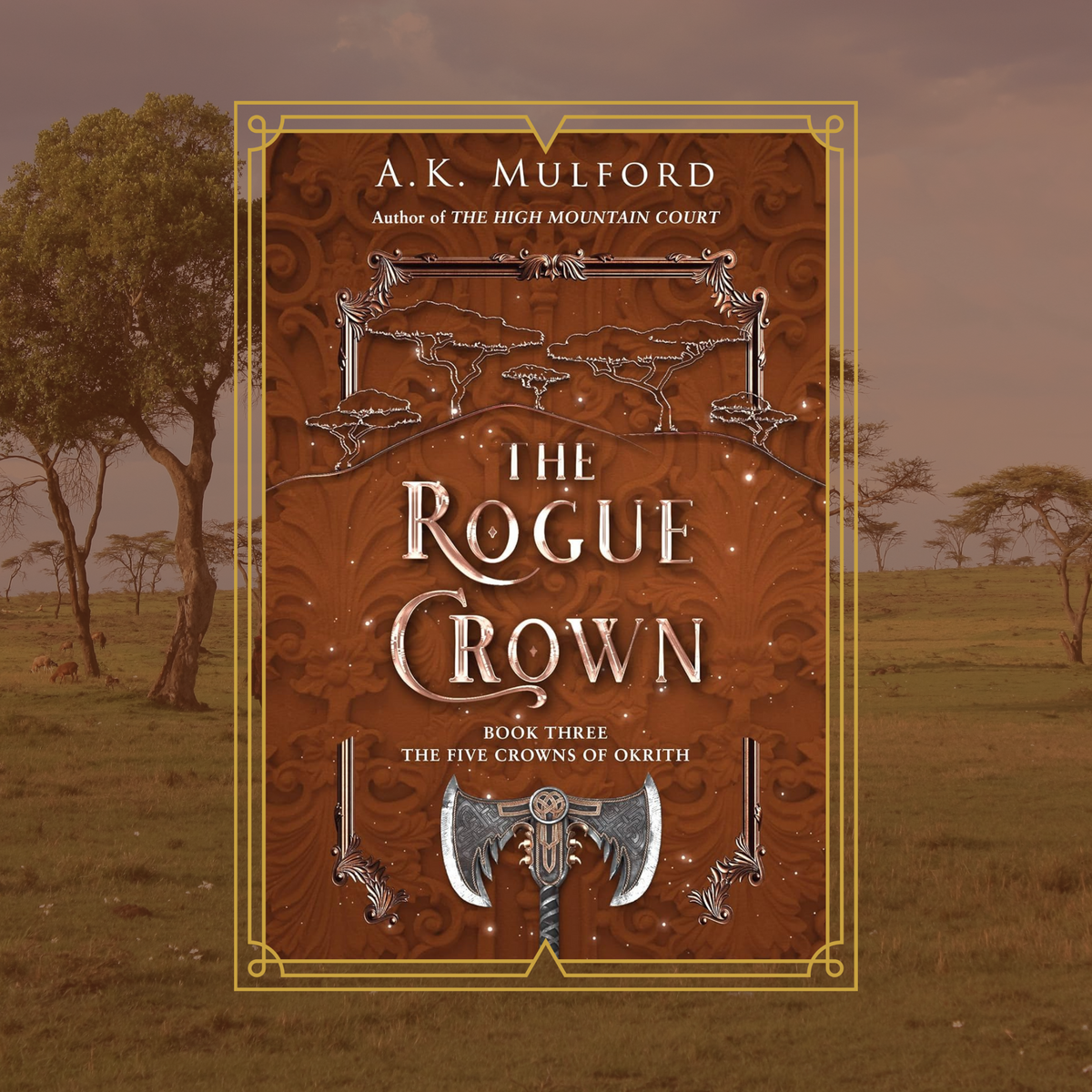 Book cover of 'The Rogue Crown' by A.K. Mulford with a fantasy design and landscape in the background.