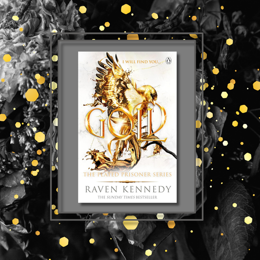 Gold book cover on a moody background