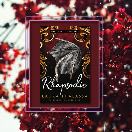 Fantasy novel Raphsodic by Laura Thalassa, featuring the book cover with a photo background inspired by its artwork.
